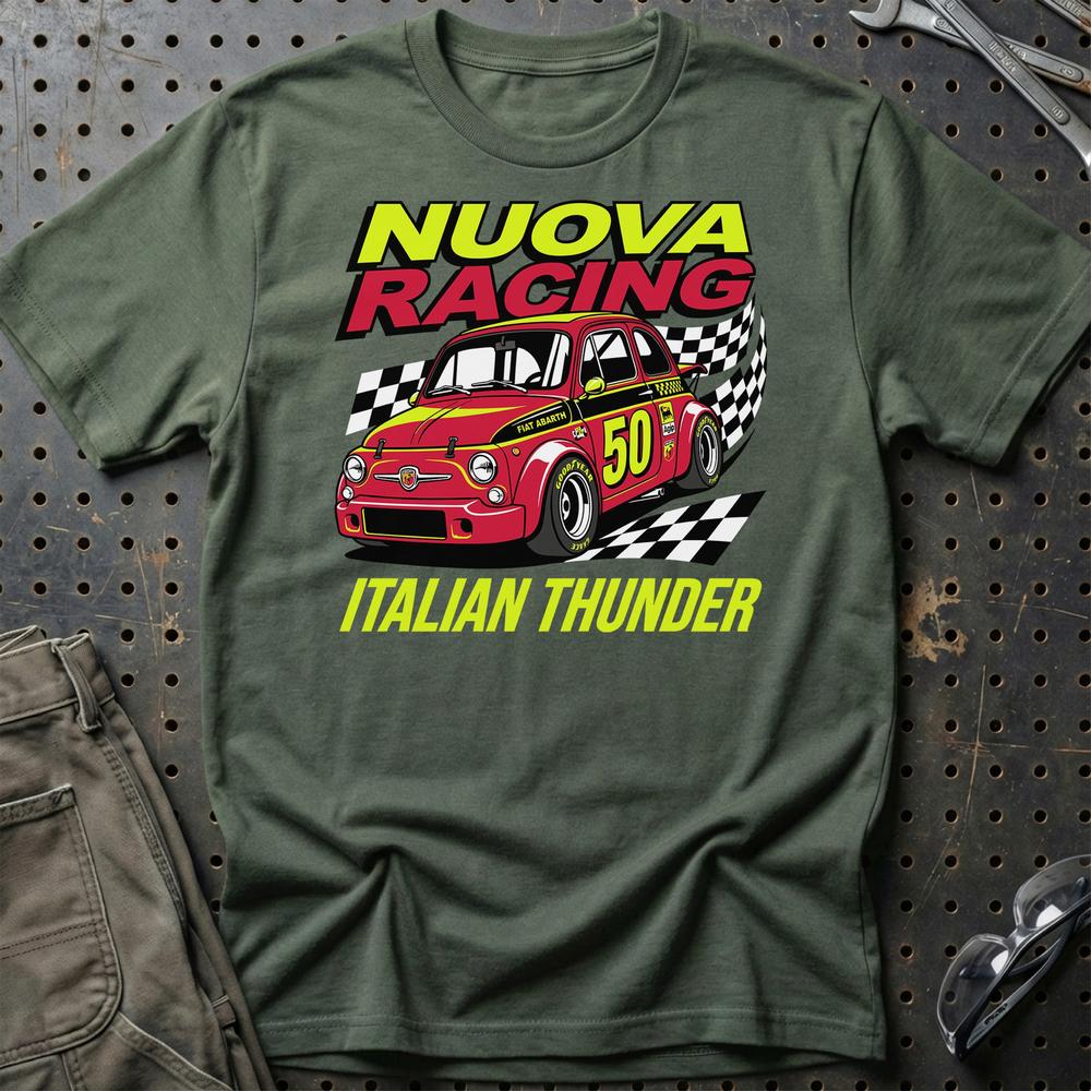Fiat 500 Abarth Nuova Racing Italian Thunder T-Shirt-Beklædning-Fiat-Grøn Militær-S-Garage Culture Shop- garage - man cave - merchandise