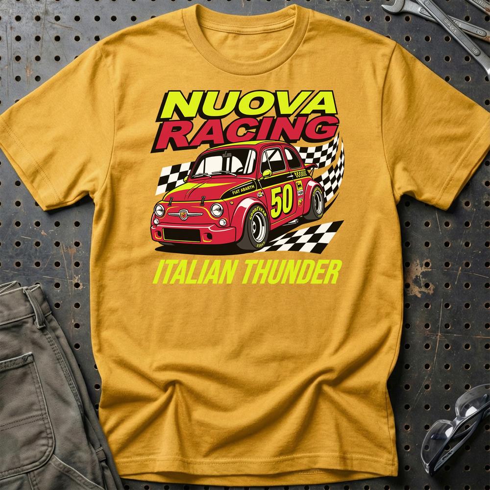 Fiat 500 Abarth Nuova Racing Italian Thunder T-Shirt-Beklædning-Fiat-Guld-S-Garage Culture Shop- garage - man cave - merchandise