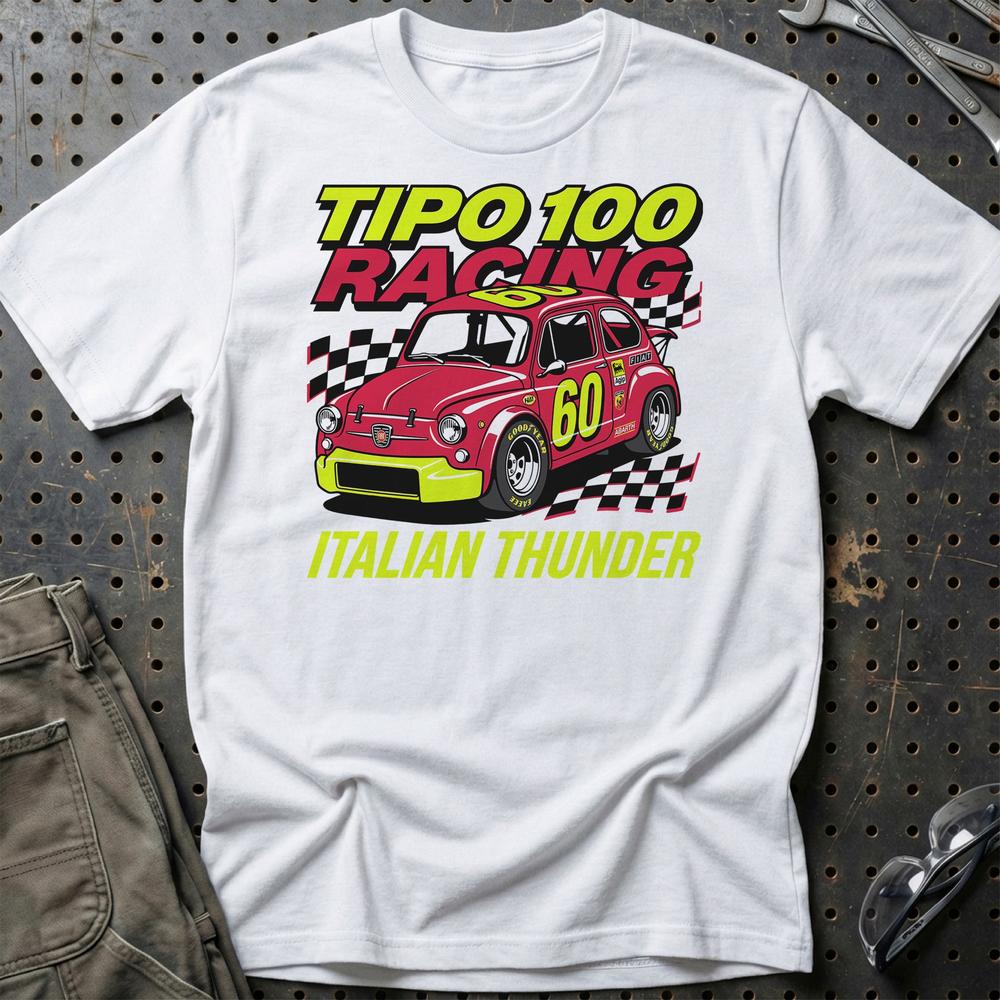 Fiat 600 Tipo 100 Racing Italian Thunder T-Shirt-Beklædning-Fiat-Hvid-S-Garage Culture Shop- garage - man cave - merchandise