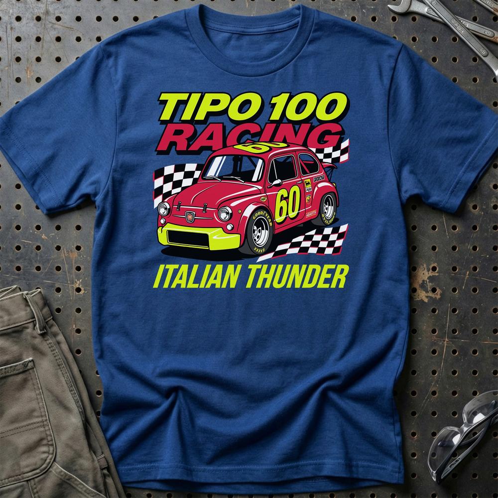Fiat 600 Tipo 100 Racing Italian Thunder T-Shirt-Beklædning-Fiat-Blå Royal-S-Garage Culture Shop- garage - man cave - merchandise