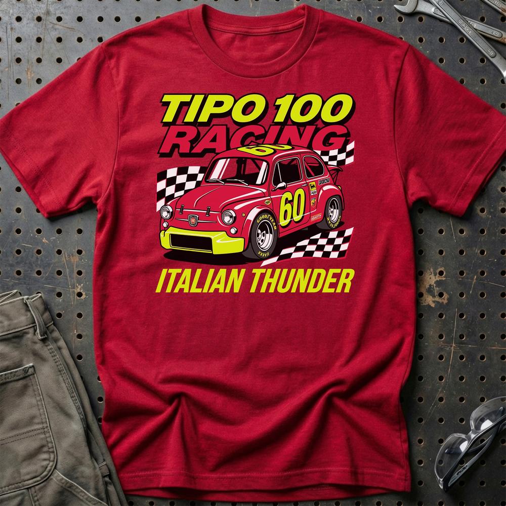 Fiat 600 Tipo 100 Racing Italian Thunder T-Shirt-Beklædning-Fiat-Rød-S-Garage Culture Shop- garage - man cave - merchandise
