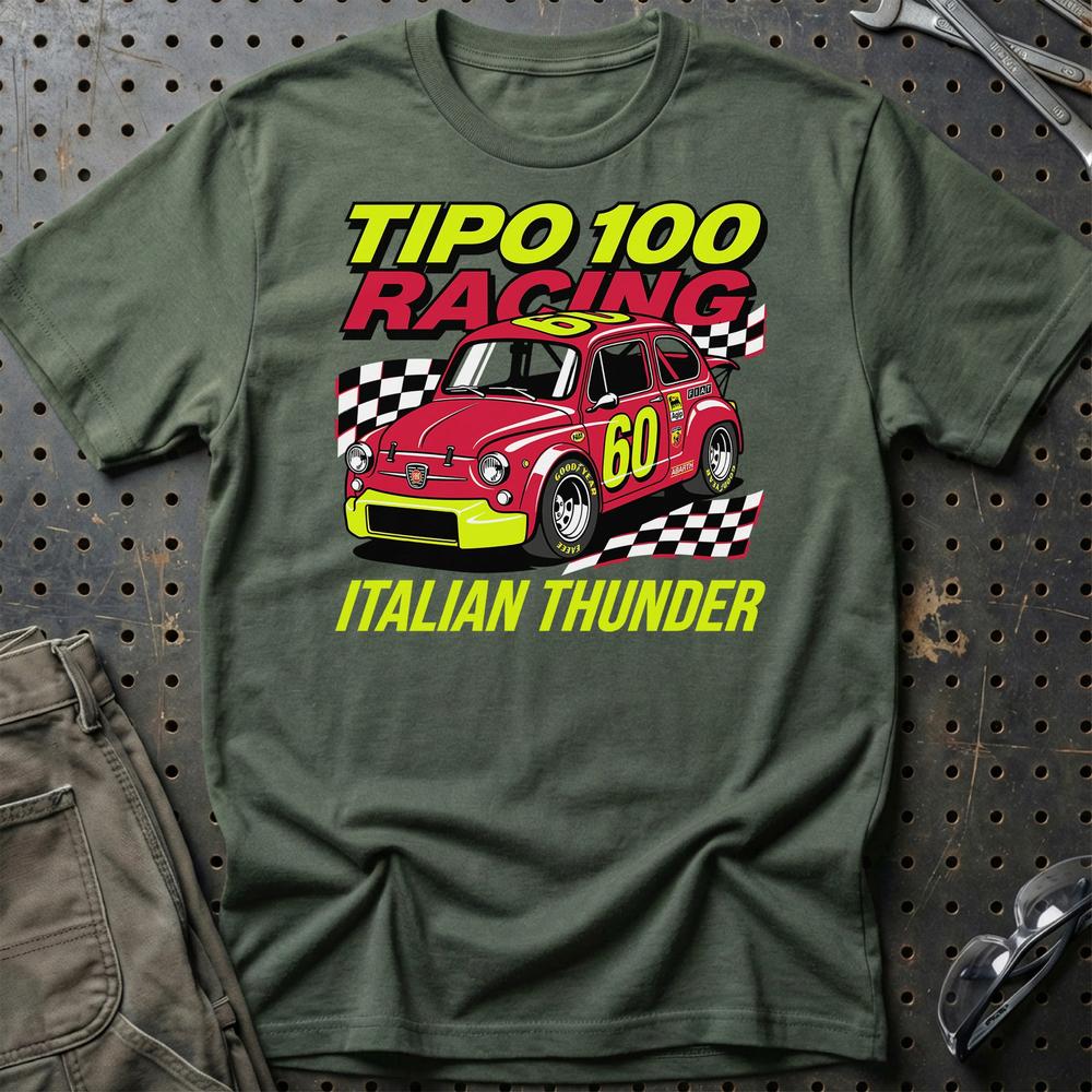 Fiat 600 Tipo 100 Racing Italian Thunder T-Shirt-Beklædning-Fiat-Grøn Militær-S-Garage Culture Shop- garage - man cave - merchandise