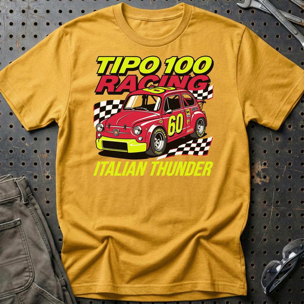 Fiat 600 Tipo 100 Racing Italian Thunder T-Shirt-Beklædning-Fiat-Guld-S-Garage Culture Shop- garage - man cave - merchandise
