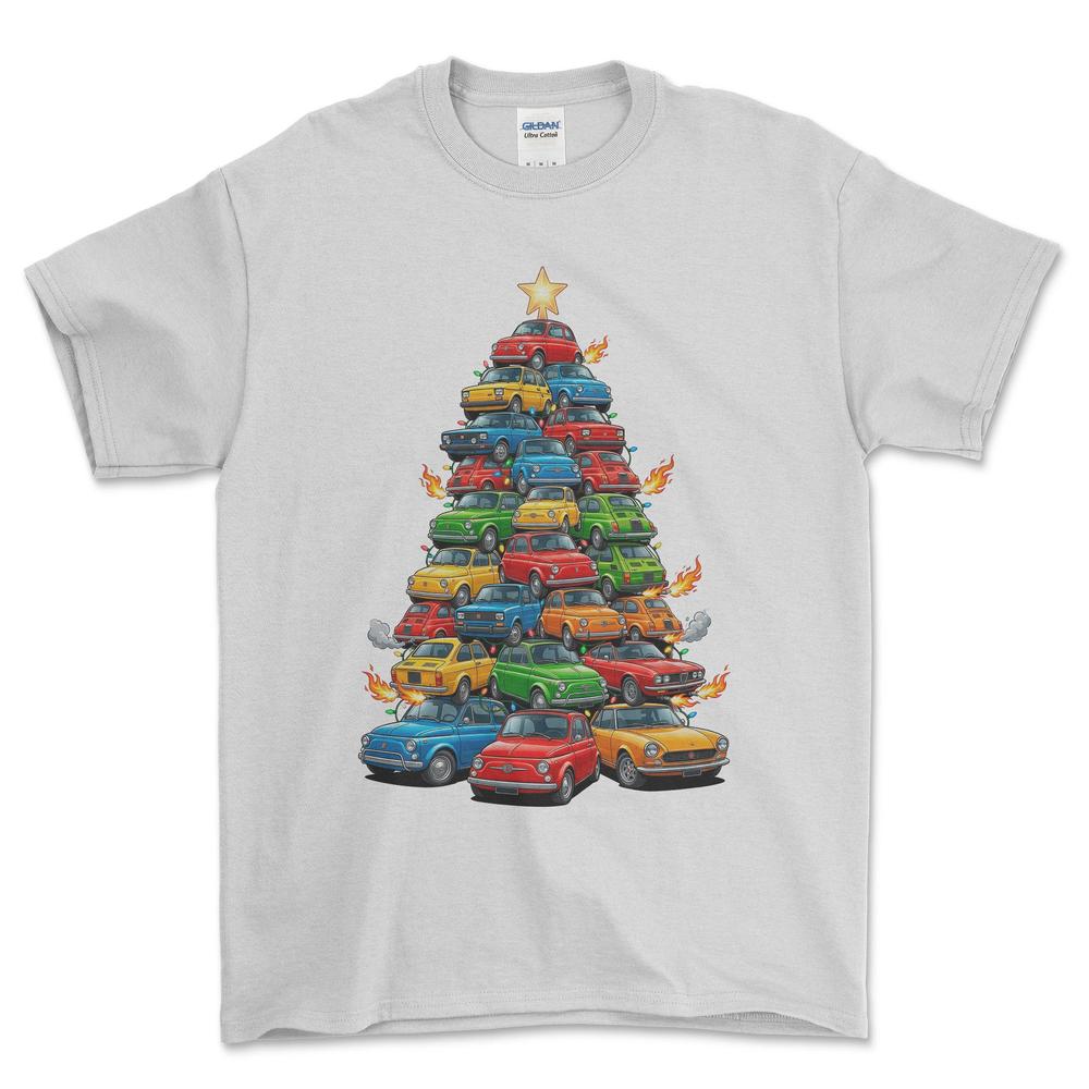 Fiat Juletræ Christmas Tree - Unisex T-Shirt-Beklædning-Fiat-Hvid-S-Forside-Garage Culture Shop- garage - man cave - merchandise