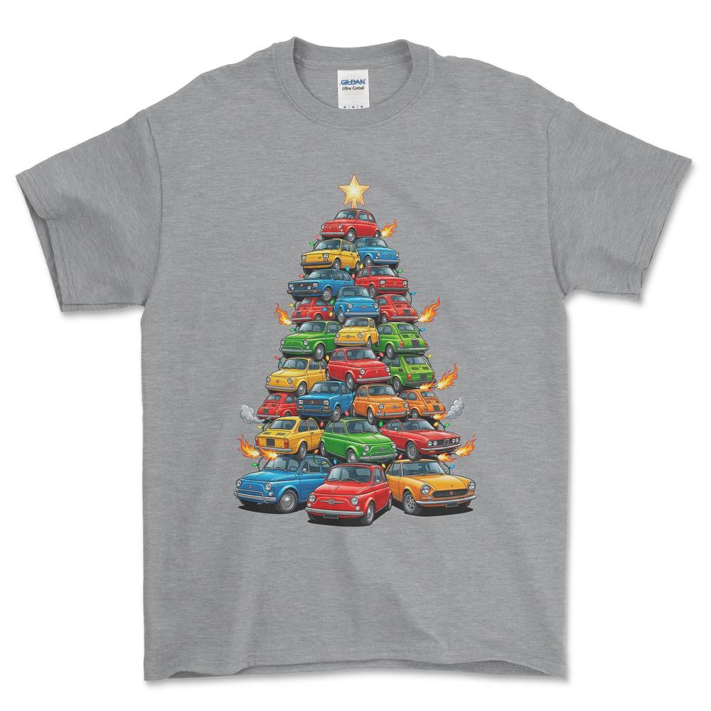 Fiat Juletræ Christmas Tree - Unisex T-Shirt-Beklædning-Fiat-Grå Sport-S-Forside-Garage Culture Shop- garage - man cave - merchandise