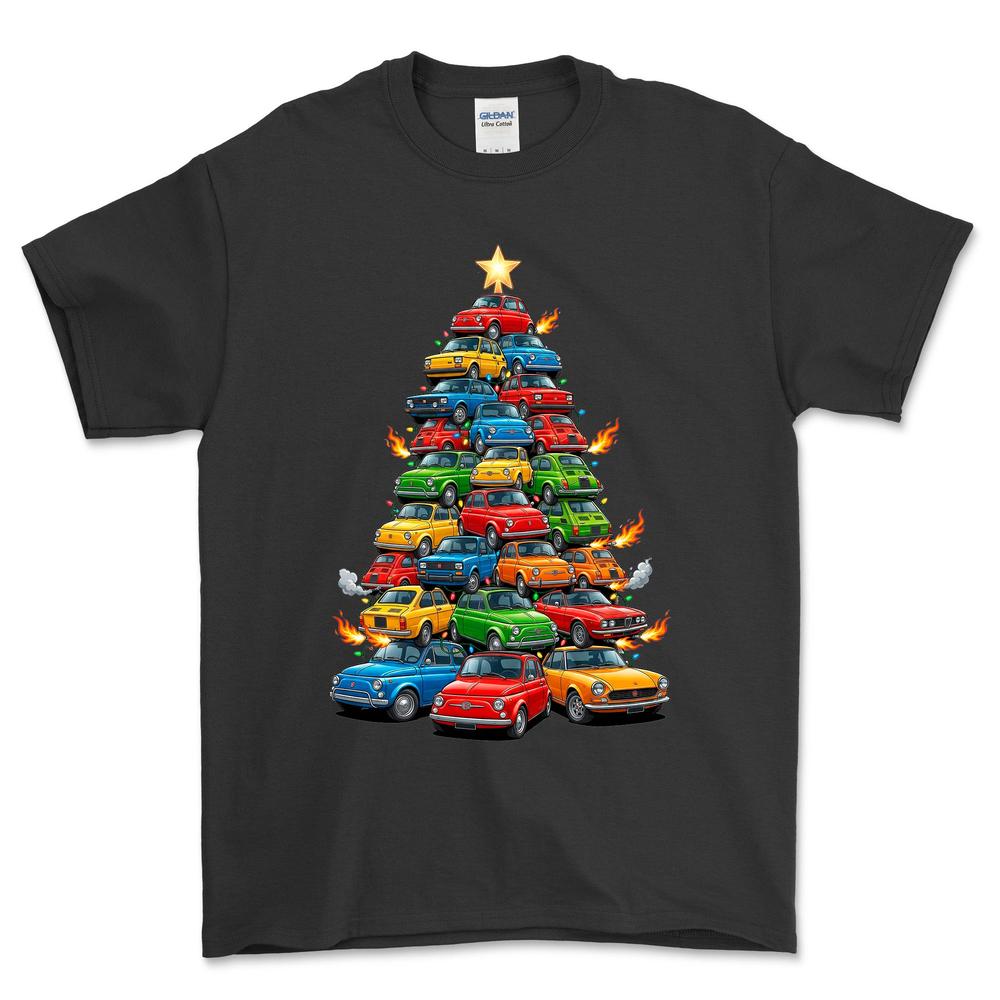 Fiat Juletræ Christmas Tree - Unisex T-Shirt-Beklædning-Fiat-Sort-S-Forside-Garage Culture Shop- garage - man cave - merchandise
