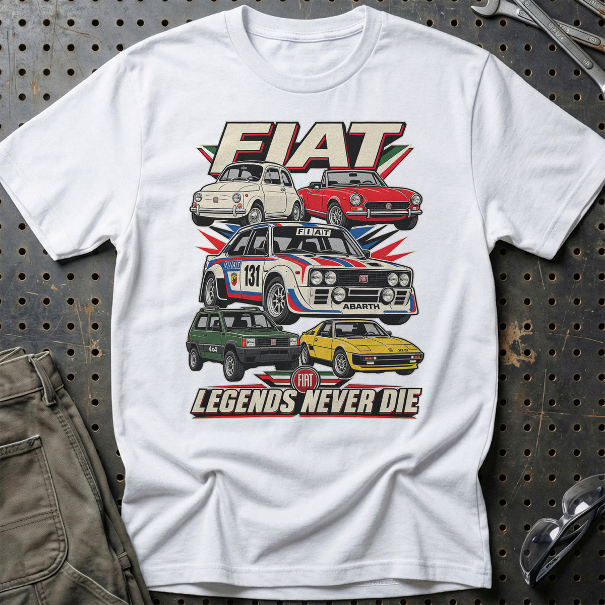 Fiat Legends Never Die T-Shirt-Beklædning-Fiat-Hvid-S-Garage Culture Shop- garage - man cave - merchandise
