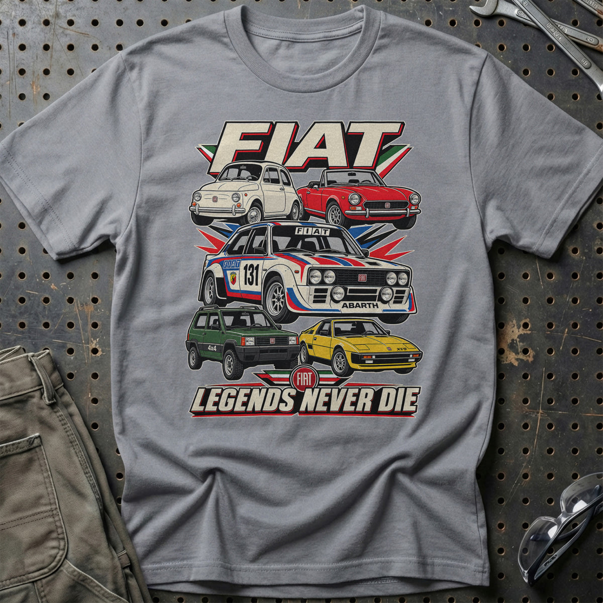 Fiat Legends Never Die T-Shirt-Beklædning-Fiat-Grå Sport-S-Garage Culture Shop- garage - man cave - merchandise