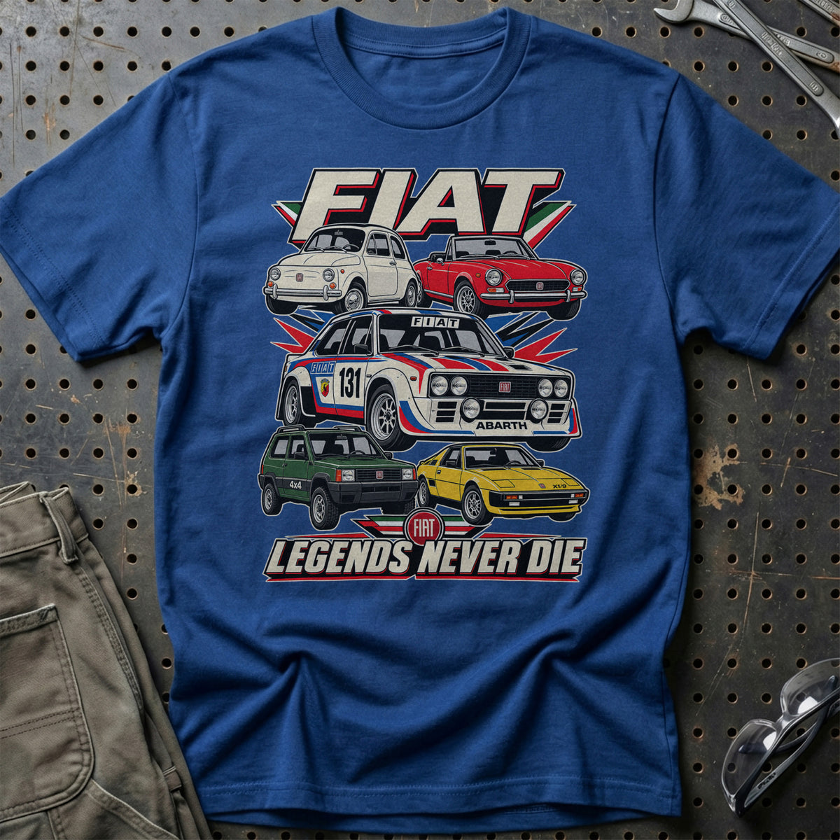 Fiat Legends Never Die T-Shirt-Beklædning-Fiat-Blå Royal-S-Garage Culture Shop- garage - man cave - merchandise