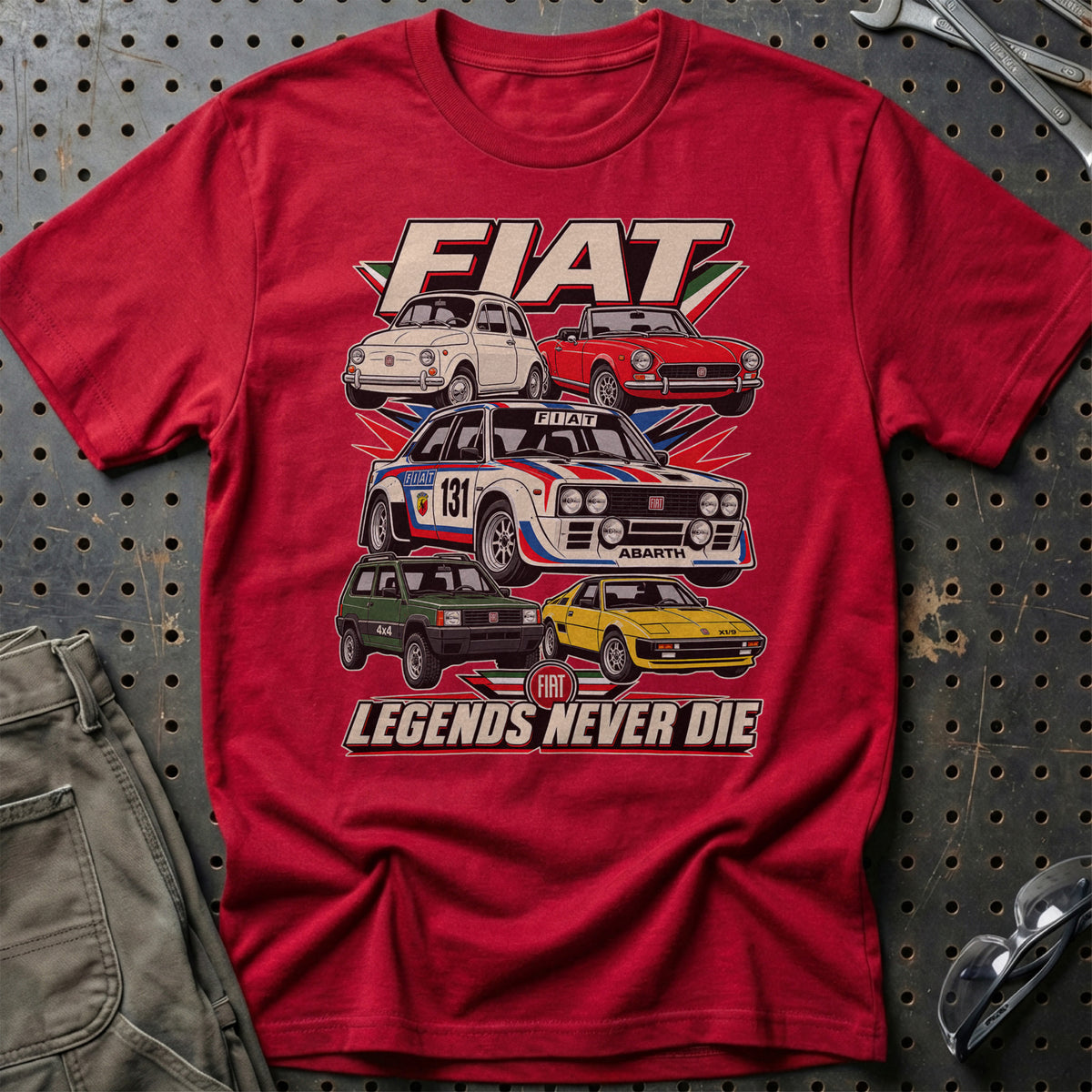 Fiat Legends Never Die T-Shirt-Beklædning-Fiat-Rød-S-Garage Culture Shop- garage - man cave - merchandise