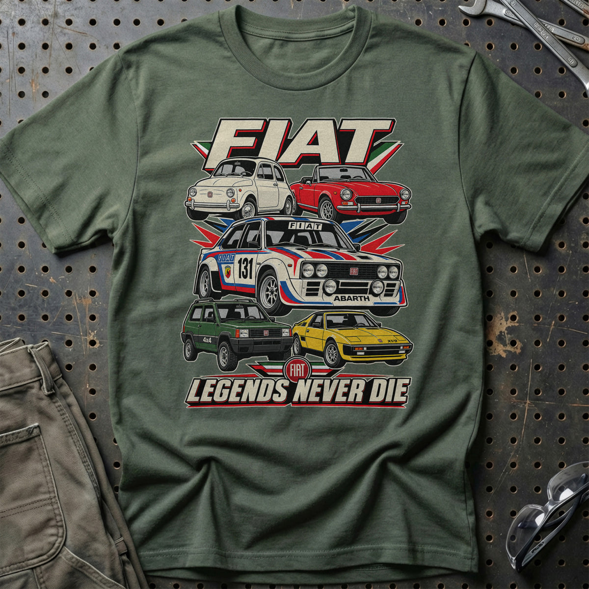 Fiat Legends Never Die T-Shirt-Beklædning-Fiat-Grøn Militær-S-Garage Culture Shop- garage - man cave - merchandise