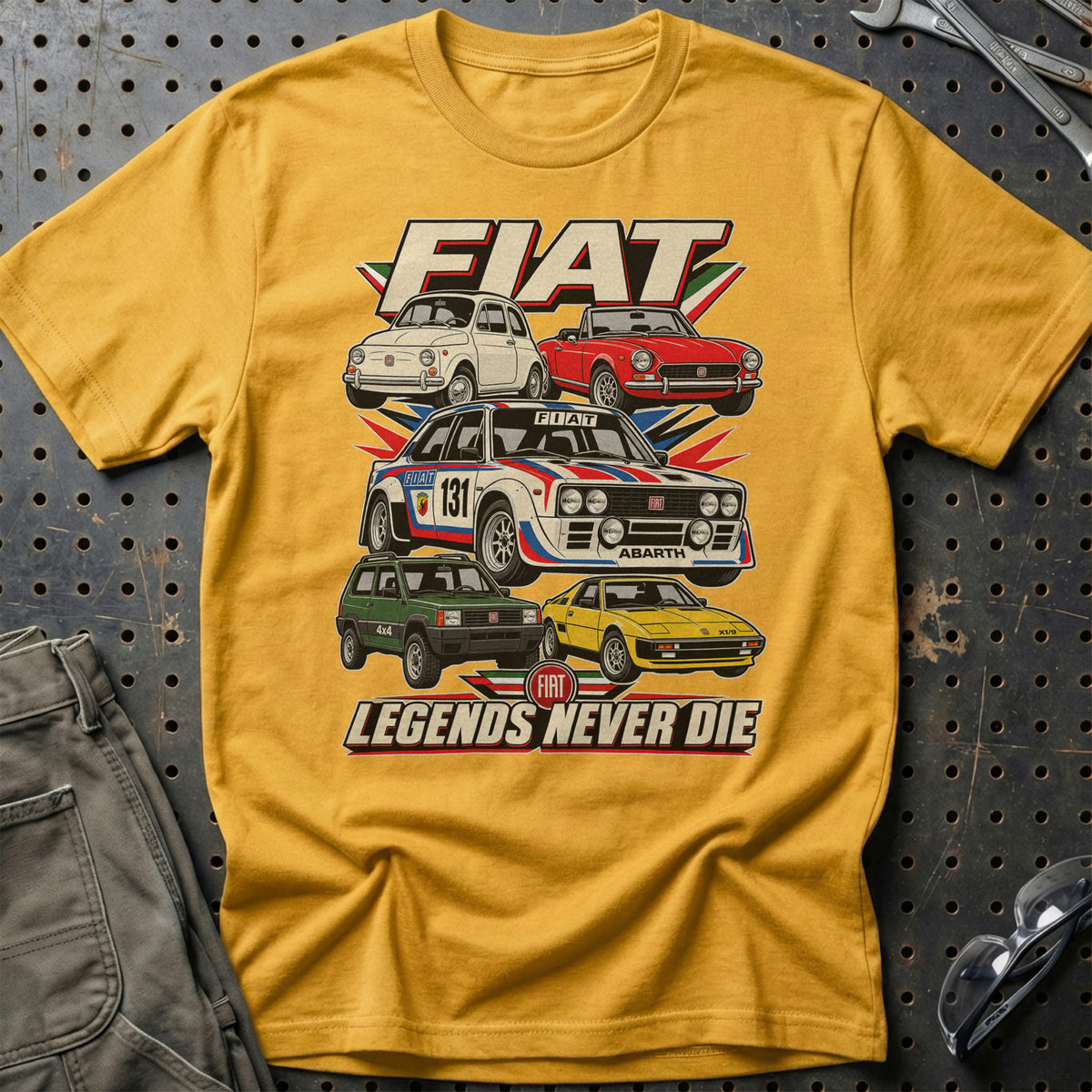 Fiat Legends Never Die T-Shirt-Beklædning-Fiat-Guld-S-Garage Culture Shop- garage - man cave - merchandise