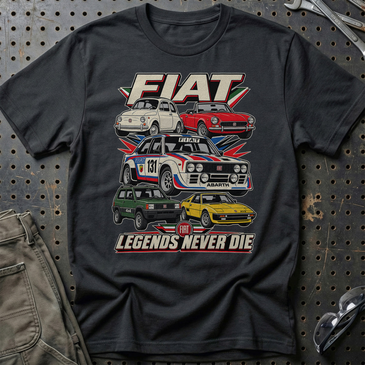 Fiat Legends Never Die T-Shirt-Beklædning-Fiat-Sort-S-Garage Culture Shop- garage - man cave - merchandise