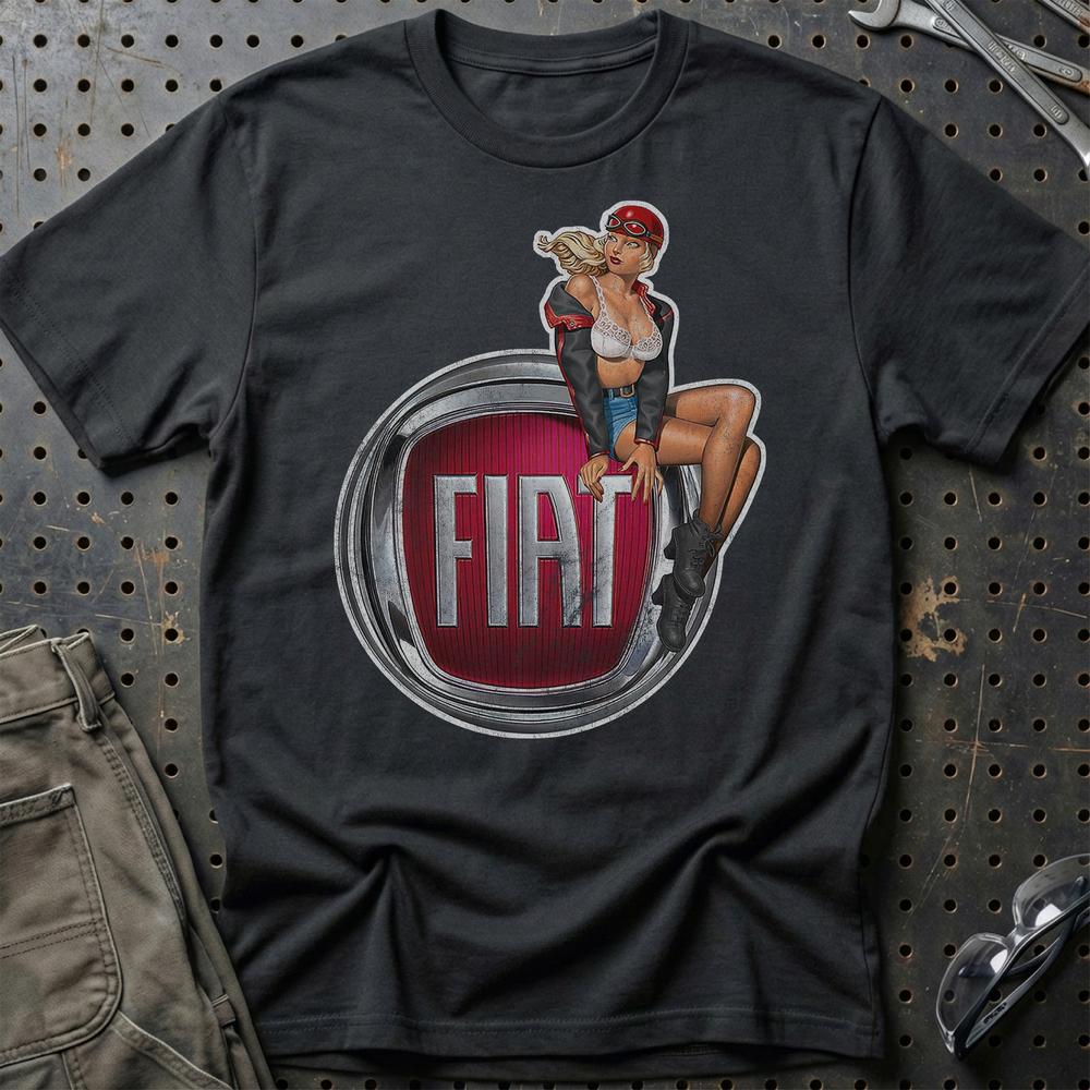 Fiat Pinup - Unisex T-Shirt , Bomuld-Beklædning-Fiat-Sort-S-Garage Culture Shop- garage - man cave - merchandise
