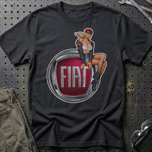Fiat Pinup - Unisex T-Shirt , Bomuld-Beklædning-Fiat-Sort-S-Garage Culture Shop- garage - man cave - merchandise