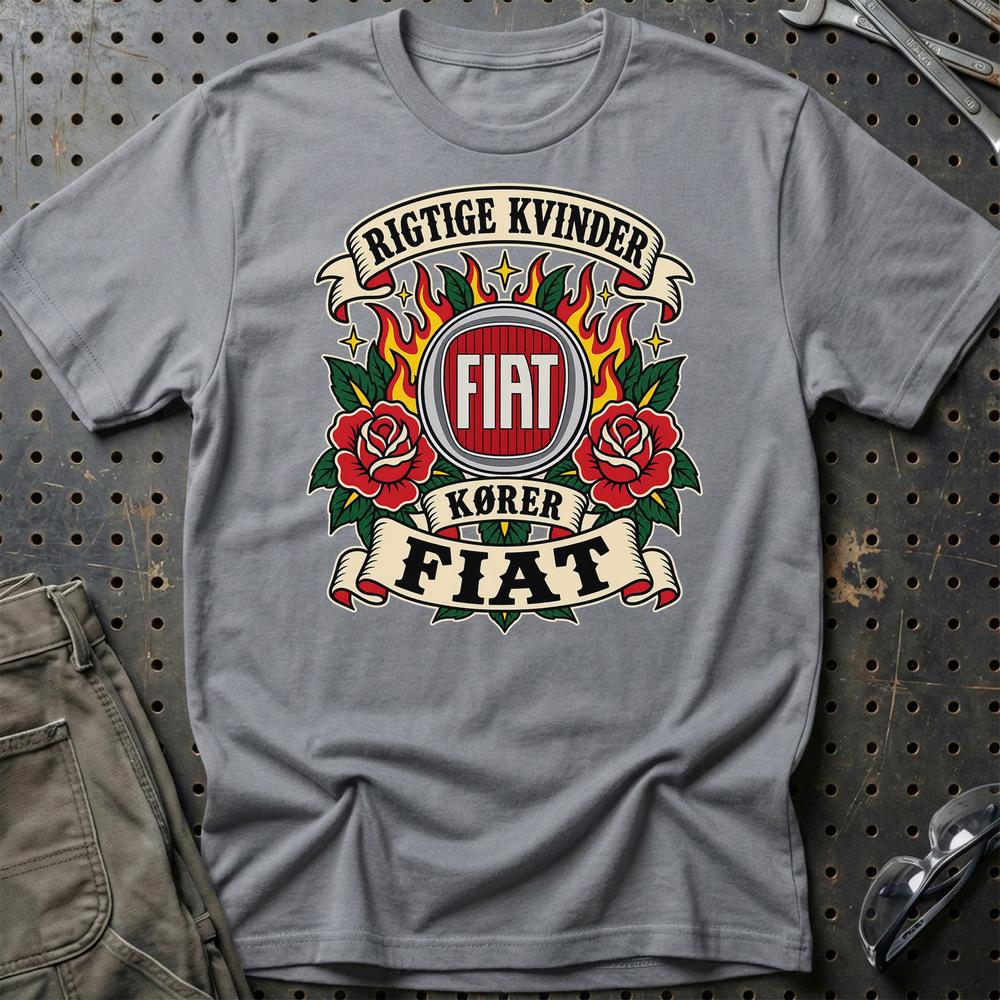 Fiat Rigtige Kvinder Kører – Roser og Flammer T-Shirt-Beklædning-Fiat-Grå Sport-S-Garage Culture Shop- garage - man cave - merchandise