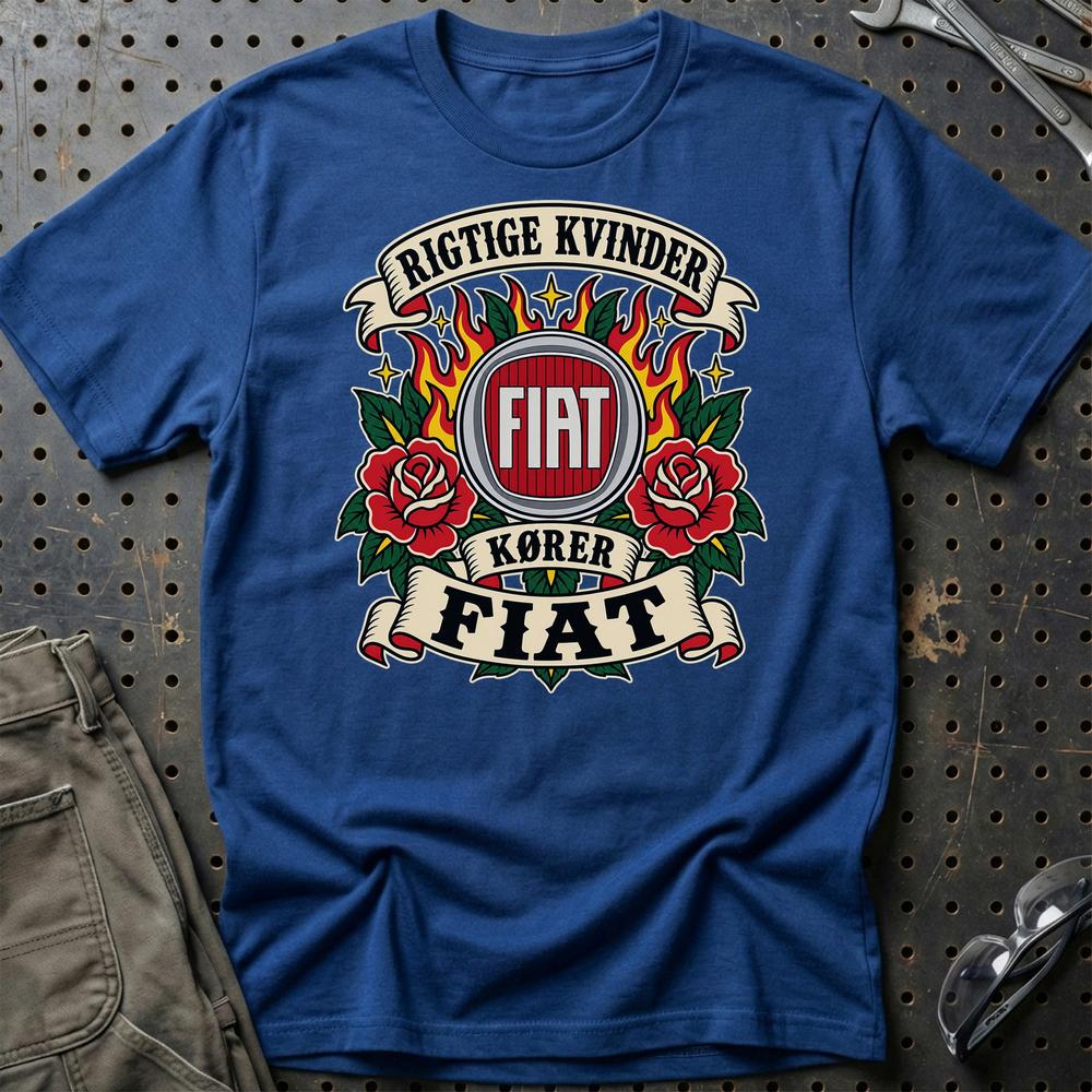 Fiat Rigtige Kvinder Kører – Roser og Flammer T-Shirt-Beklædning-Fiat-Blå Royal-S-Garage Culture Shop- garage - man cave - merchandise