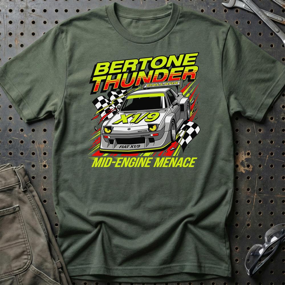 Fiat X1/9 Bertone Thunder Mid-Engine Menace T-Shirt-Beklædning-Fiat-Grøn Militær-S-Garage Culture Shop- garage - man cave - merchandise