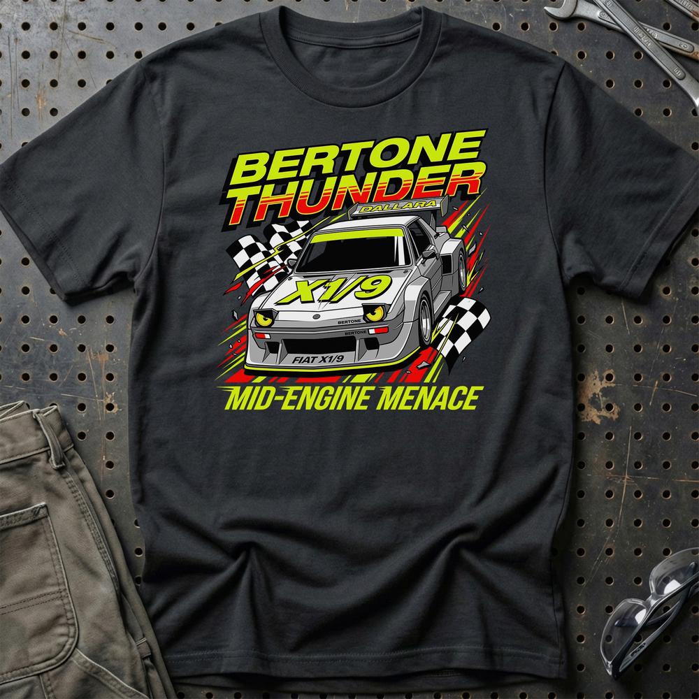 Fiat X1/9 Bertone Thunder Mid-Engine Menace T-Shirt-Beklædning-Fiat-Sort-S-Garage Culture Shop- garage - man cave - merchandise