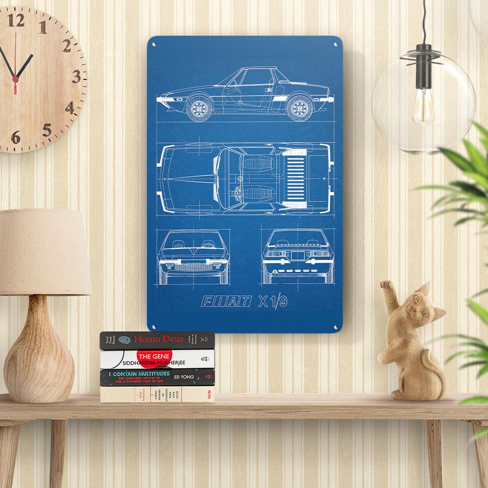 Fiat X1/9 Blueprint Skilte, Musemåtte, Dørmåtte , Plakat-Blueprint-Fiat-Garage Culture Shop- garage - man cave - merchandise