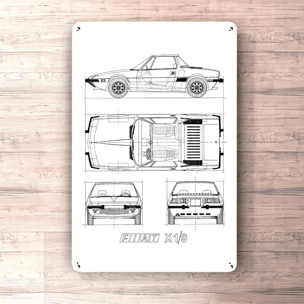 Fiat X1/9 Blueprint Skilte, Musemåtte, Dørmåtte , Plakat-Blueprint-Fiat-Garage Culture Shop- garage - man cave - merchandise