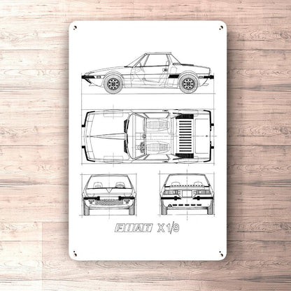 Fiat X1/9 Blueprint Skilte, Musemåtte, Dørmåtte , Plakat-Blueprint-Fiat-Garage Culture Shop- garage - man cave - merchandise