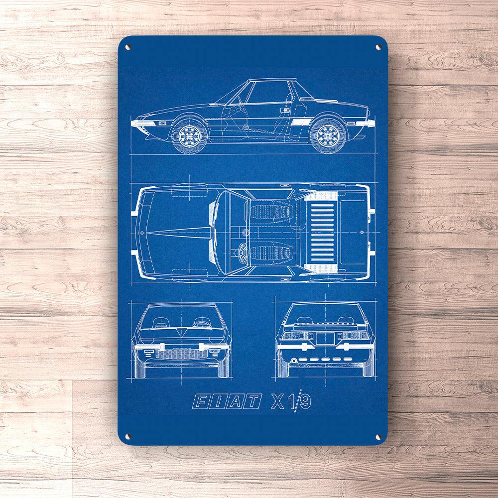 Fiat X1/9 Blueprint Skilte, Musemåtte, Dørmåtte , Plakat-Blueprint-Fiat-Garage Culture Shop- garage - man cave - merchandise