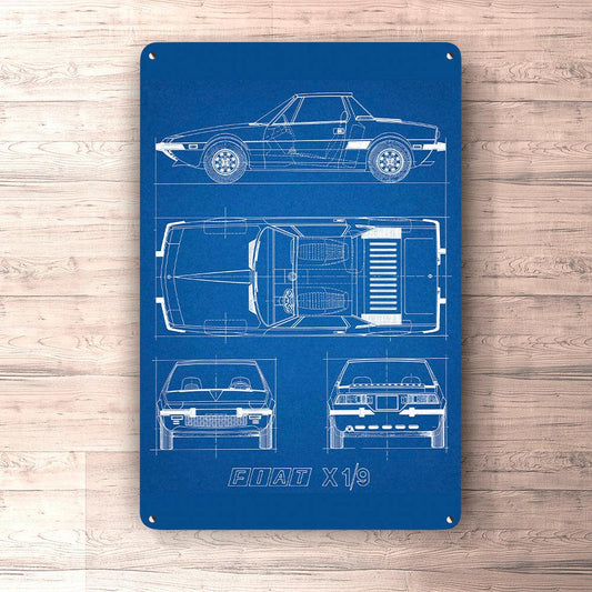 Fiat X1/9 Blueprint Skilte, Musemåtte, Dørmåtte , Plakat-Blueprint-Fiat-Garage Culture Shop- garage - man cave - merchandise