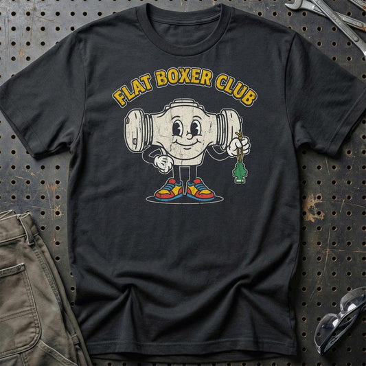 Flat Boxer Club – Oldschool Mascot Boxer Engine - Unisex T-Shirt , Bomuld-Beklædning-Garage Culture-Sort-S-Garage Culture Shop- garage - man cave - merchandise