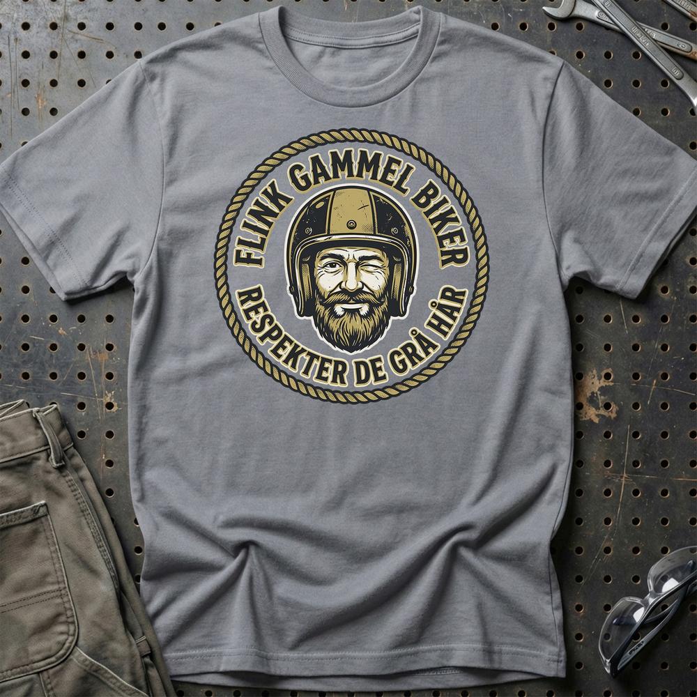 Flink Gammel Biker – Respekter de Grå Hår – Unisex T-Shirt , Bomuld-Beklædning-Garage Culture-Grå Sport-S-Garage Culture Shop- garage - man cave - merchandise
