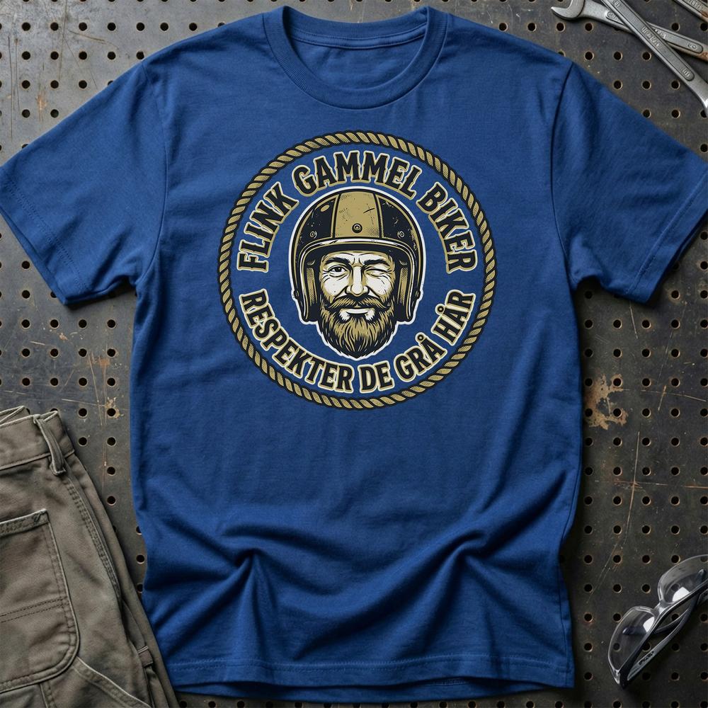 Flink Gammel Biker – Respekter de Grå Hår – Unisex T-Shirt , Bomuld-Beklædning-Garage Culture-Blå Royal-S-Garage Culture Shop- garage - man cave - merchandise