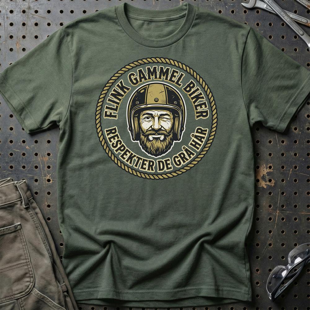 Flink Gammel Biker – Respekter de Grå Hår – Unisex T-Shirt , Bomuld-Beklædning-Garage Culture-Grøn Militær-S-Garage Culture Shop- garage - man cave - merchandise