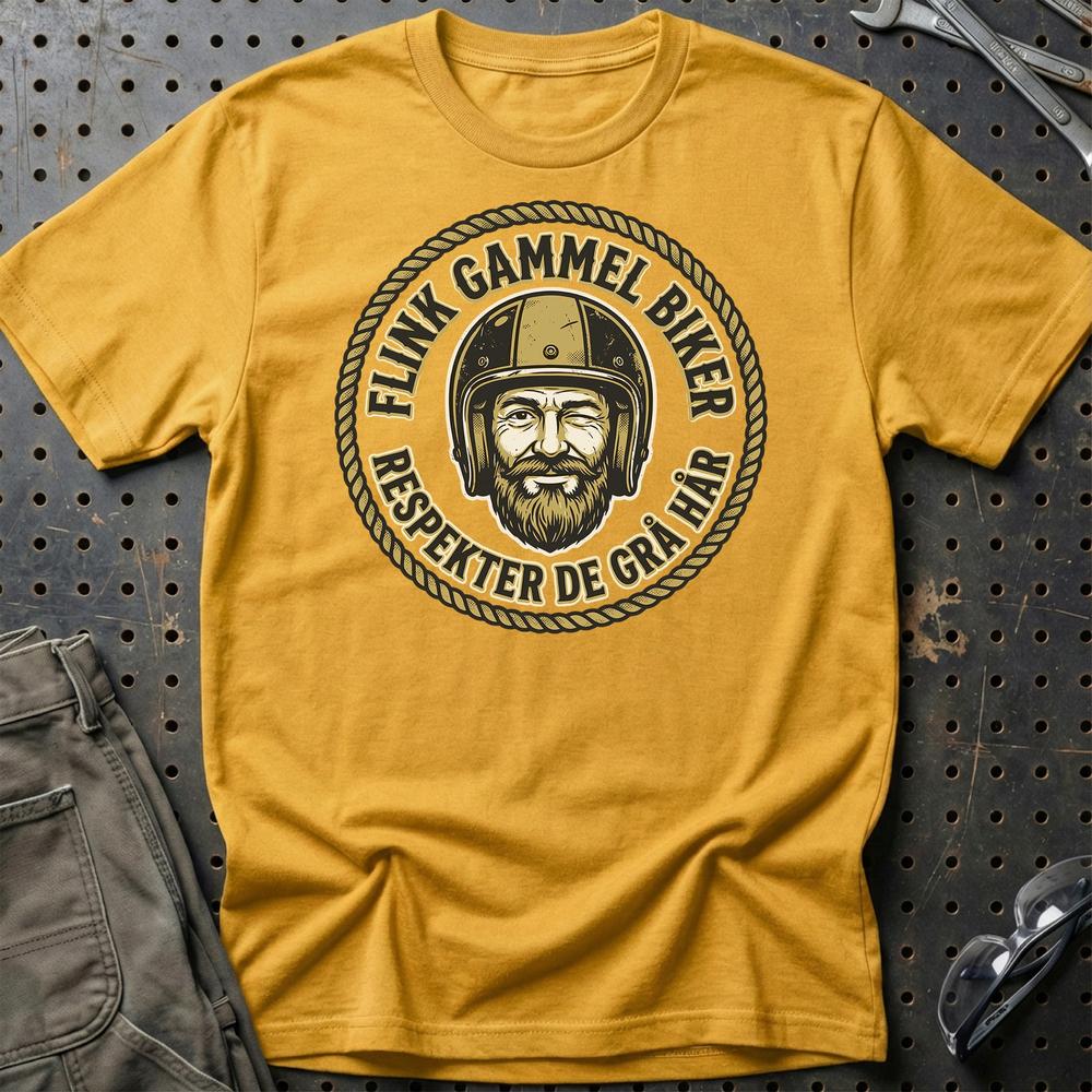 Flink Gammel Biker – Respekter de Grå Hår – Unisex T-Shirt , Bomuld-Beklædning-Garage Culture-Guld-S-Garage Culture Shop- garage - man cave - merchandise
