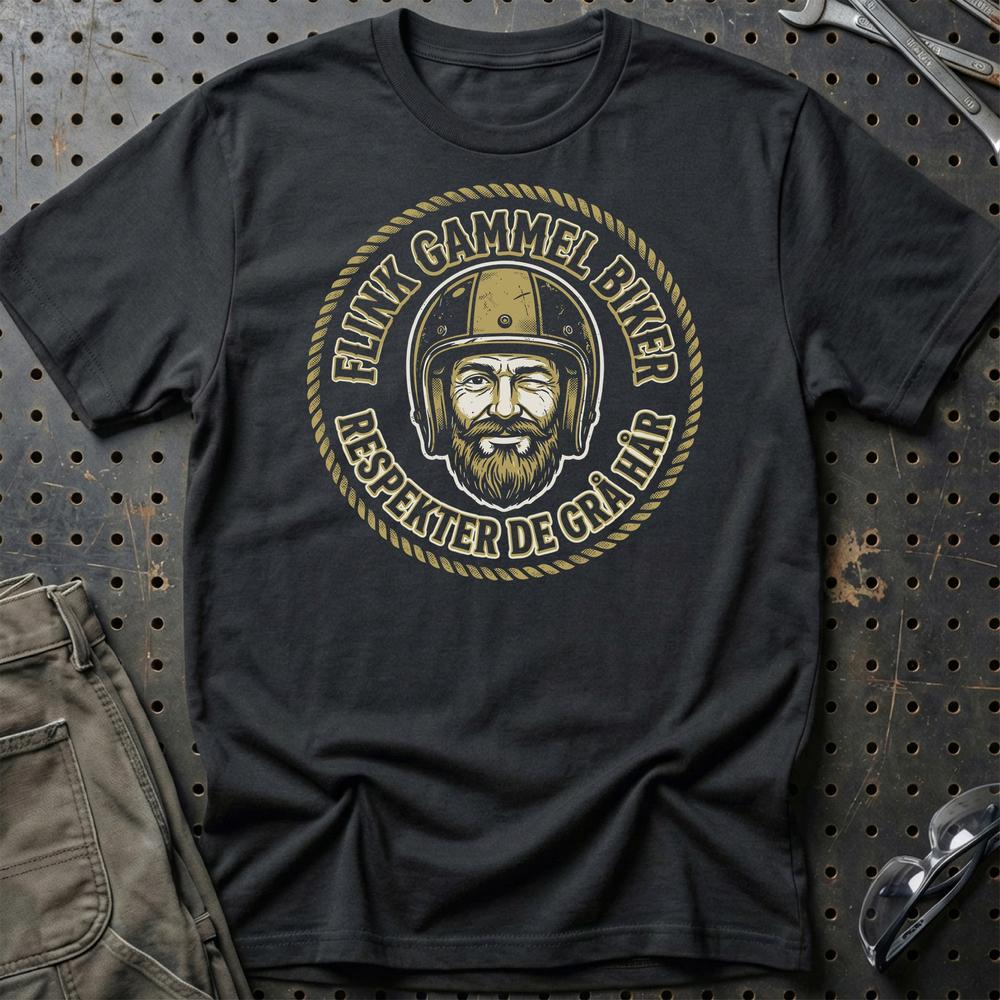 Flink Gammel Biker – Respekter de Grå Hår – Unisex T-Shirt , Bomuld-Beklædning-Garage Culture-Sort-S-Garage Culture Shop- garage - man cave - merchandise