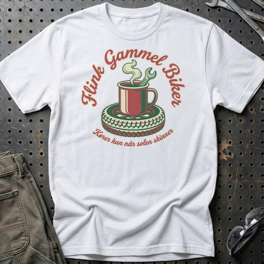 Flink Gammel Biker T-Shirt - Kører Kun Når Solen Skinner T-Shirt-Beklædning-Garage Culture-Hvid-S-Garage Culture Shop- garage - man cave - merchandise