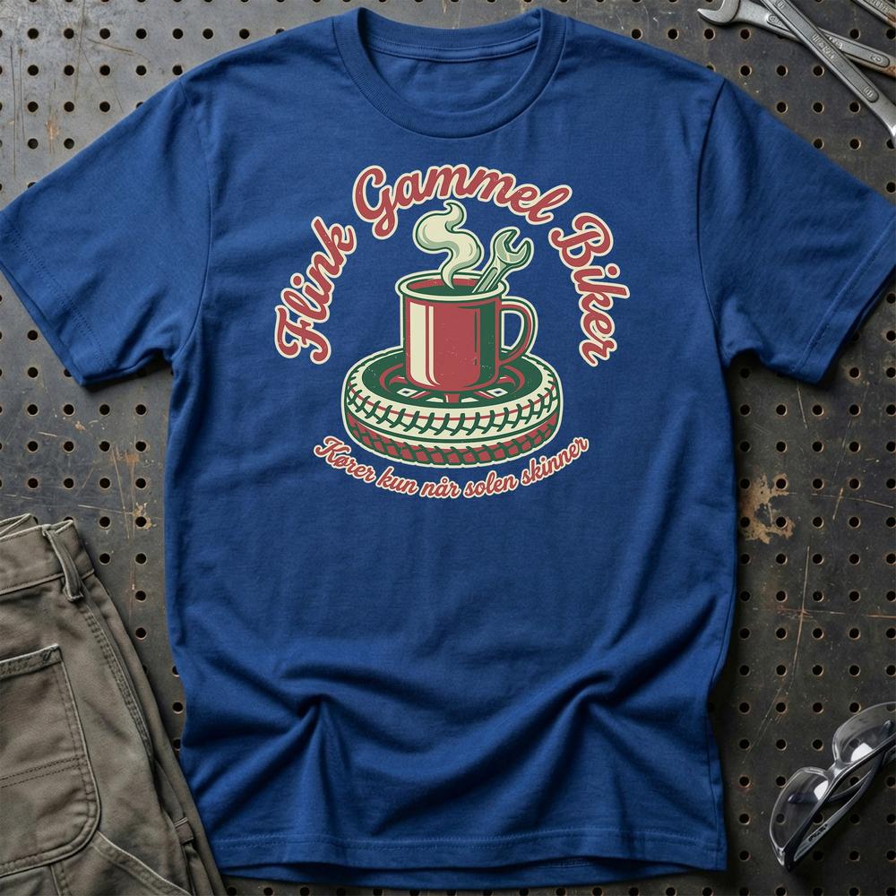 Flink Gammel Biker T-Shirt - Kører Kun Når Solen Skinner T-Shirt-Beklædning-Garage Culture-Blå Royal-S-Garage Culture Shop- garage - man cave - merchandise
