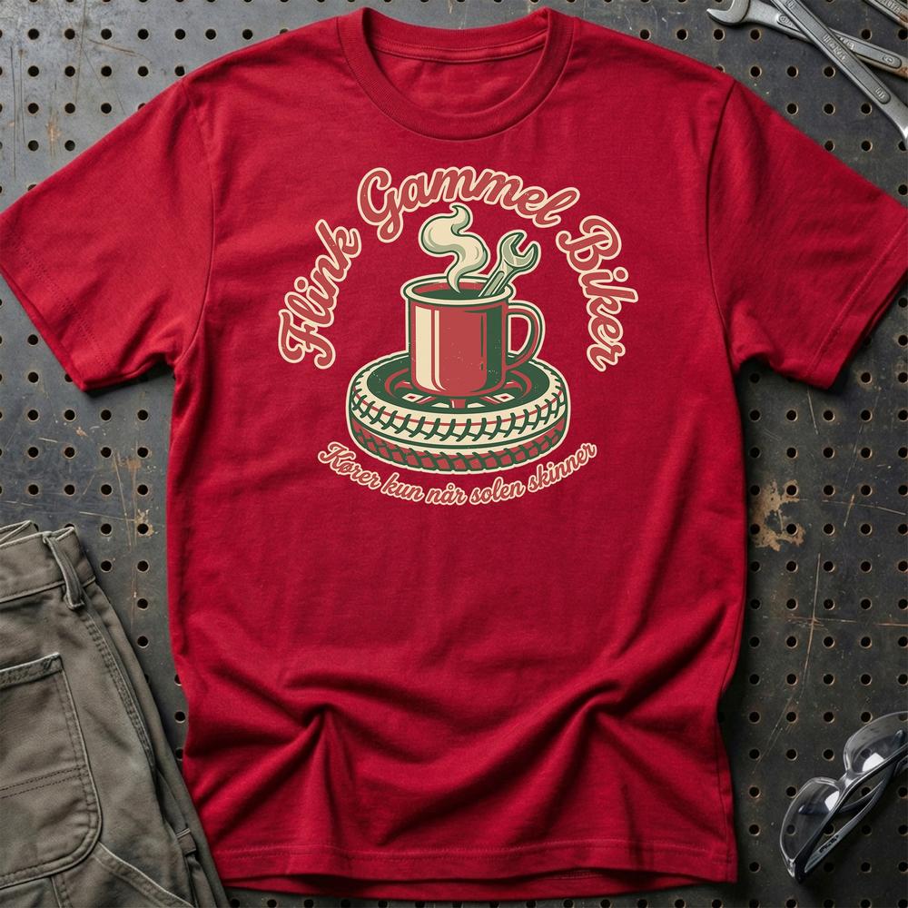 Flink Gammel Biker T-Shirt - Kører Kun Når Solen Skinner T-Shirt-Beklædning-Garage Culture-Rød-S-Garage Culture Shop- garage - man cave - merchandise