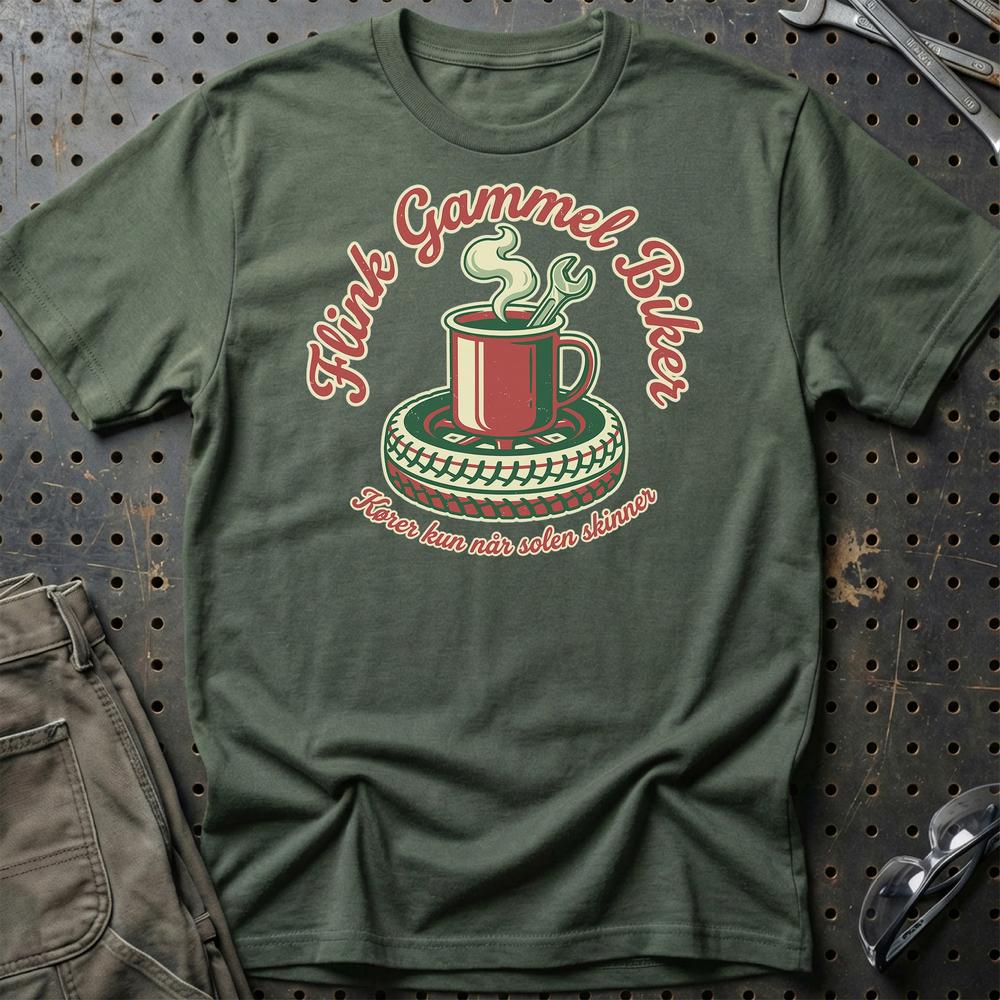 Flink Gammel Biker T-Shirt - Kører Kun Når Solen Skinner T-Shirt-Beklædning-Garage Culture-Grøn Militær-S-Garage Culture Shop- garage - man cave - merchandise