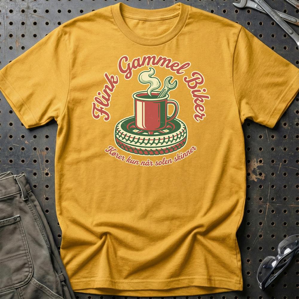Flink Gammel Biker T-Shirt - Kører Kun Når Solen Skinner T-Shirt-Beklædning-Garage Culture-Guld-S-Garage Culture Shop- garage - man cave - merchandise