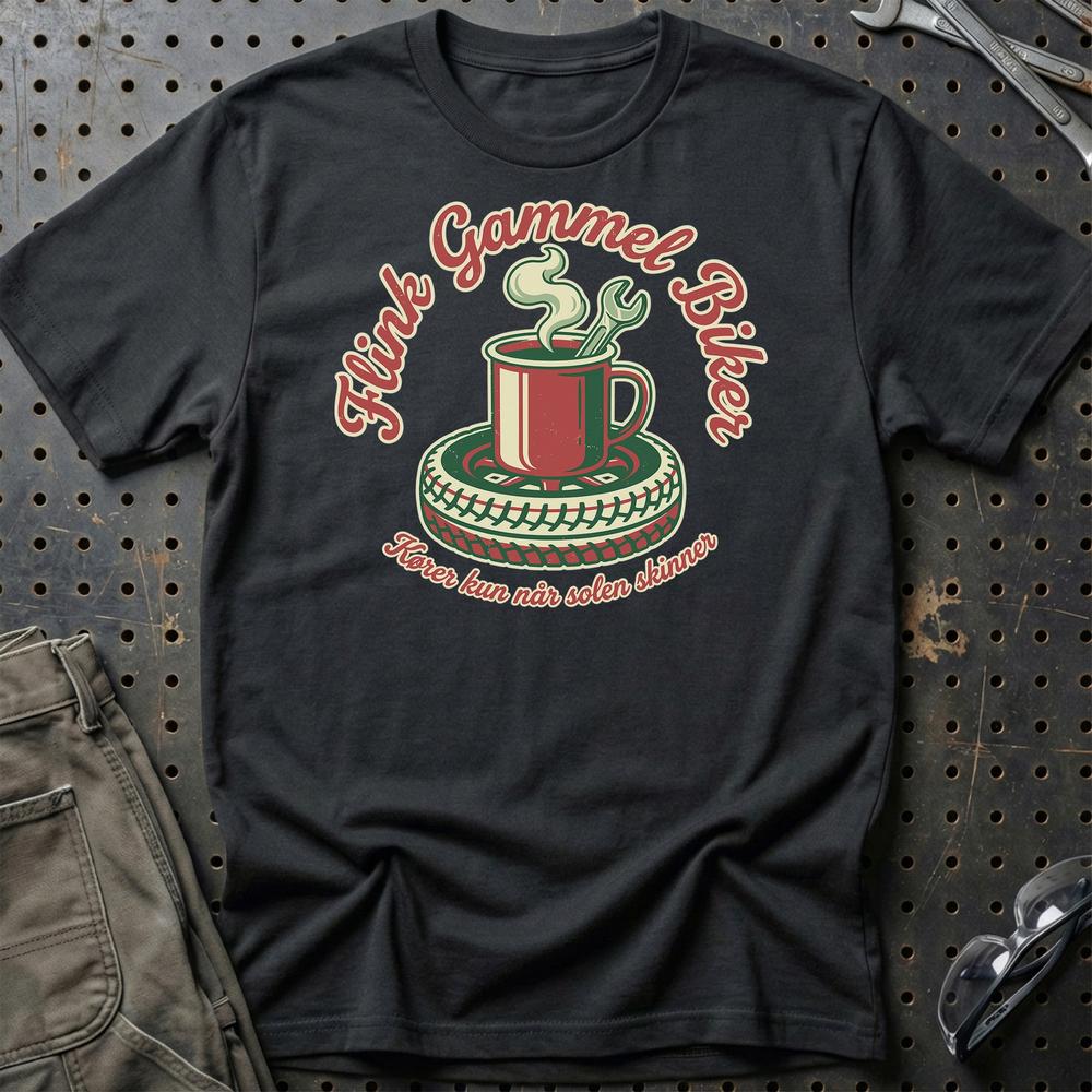 Flink Gammel Biker T-Shirt - Kører Kun Når Solen Skinner T-Shirt-Beklædning-Garage Culture-Sort-S-Garage Culture Shop- garage - man cave - merchandise