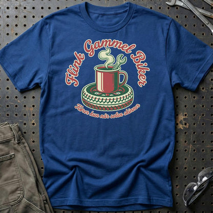 Flink Gammel Biker T-Shirt – Kører Kun Når Solen Skinner – Unisex T-Shirt , Bomuld-Beklædning-Garage Culture-Blå Royal-S-Garage Culture Shop- garage - man cave - merchandise