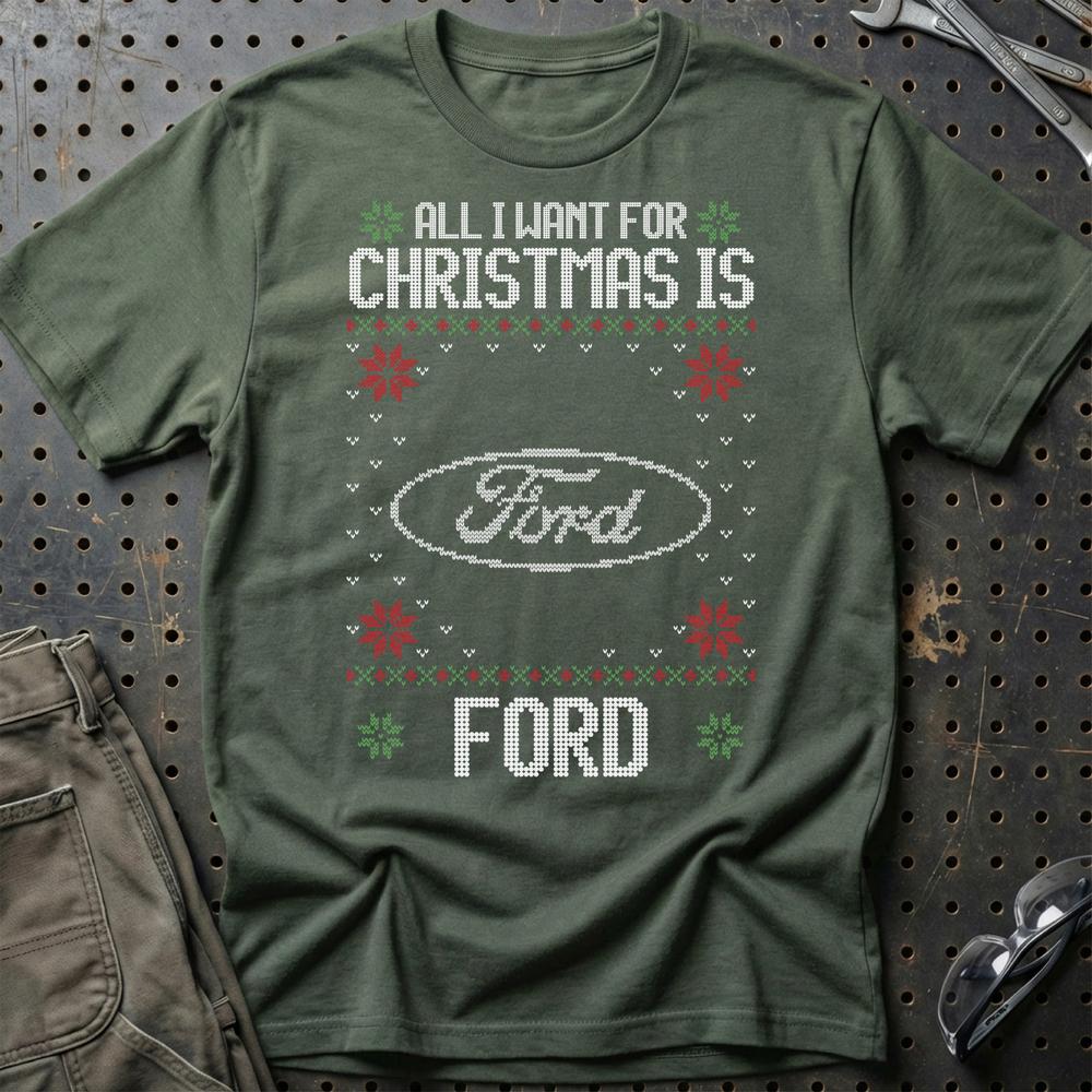 Ford - All I Want For Christmas T-Shirt-Beklædning-Ford-Grøn Militær-S-Garage Culture Shop- garage - man cave - merchandise