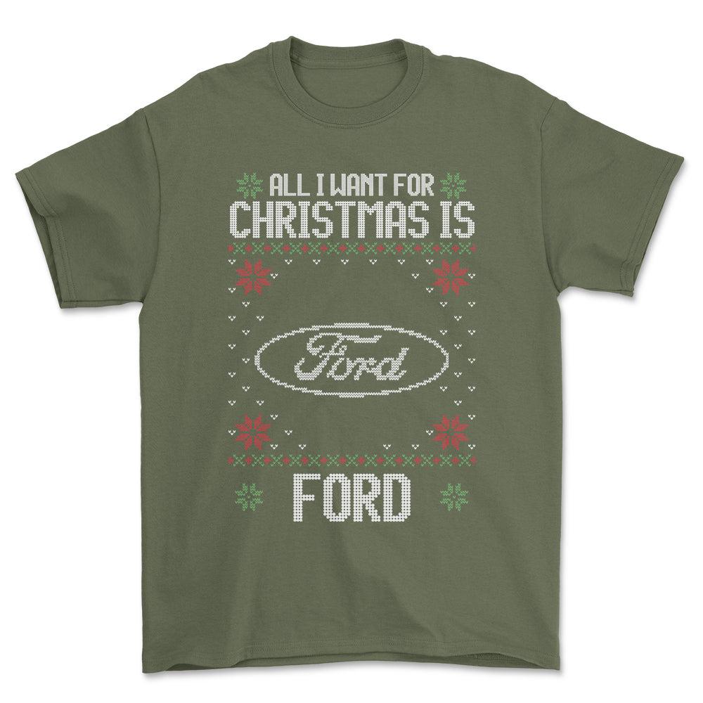 Ford - All I Want For Christmas - Unisex T-Shirt , Bomuld-Beklædning-Ford-Grøn Militær-S-Forside-Garage Culture Shop- garage - man cave - merchandise