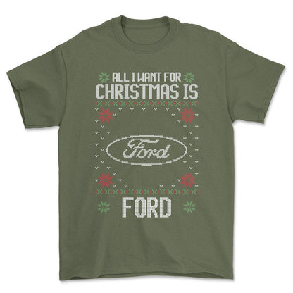 Ford - All I Want For Christmas - Unisex T-Shirt , Bomuld-Beklædning-Ford-Grøn Militær-S-Forside-Garage Culture Shop- garage - man cave - merchandise