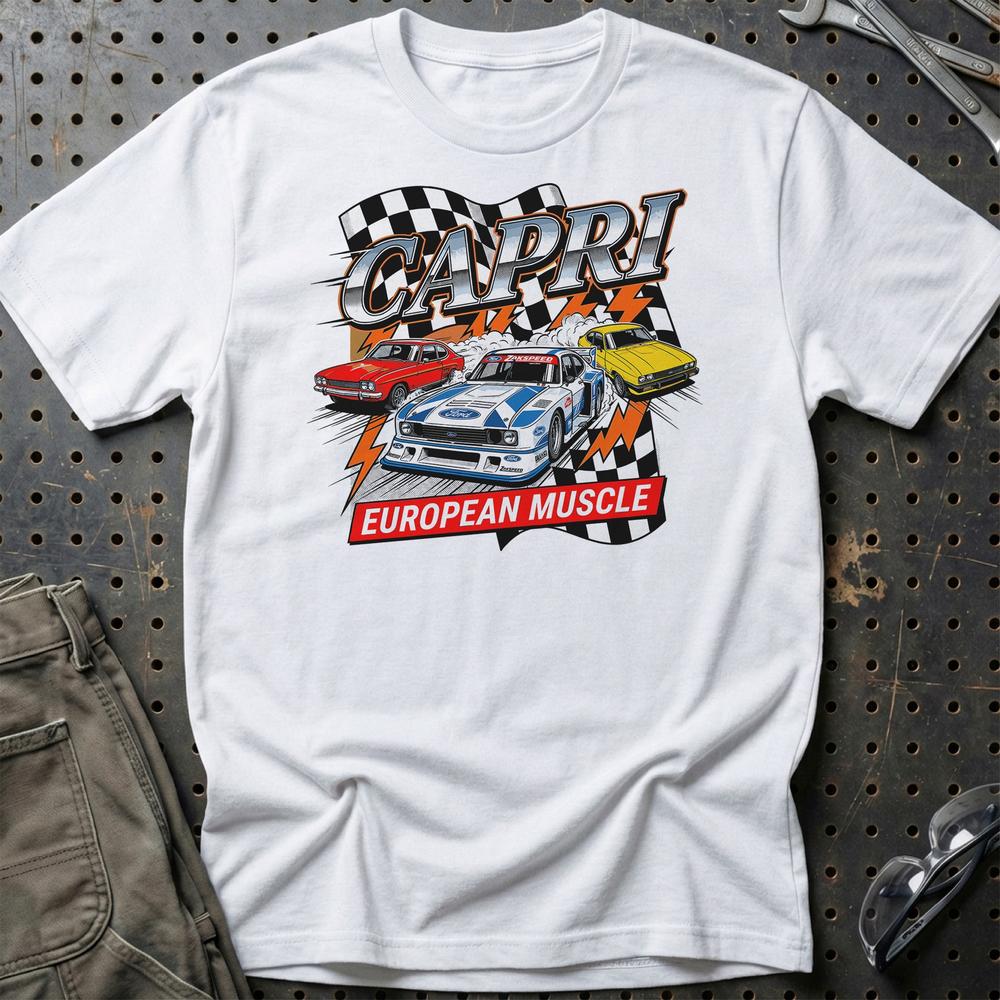 Ford Capri European Muscle Classic Car T-Shirt-Beklædning-Ford-Hvid-S-Garage Culture Shop- garage - man cave - merchandise
