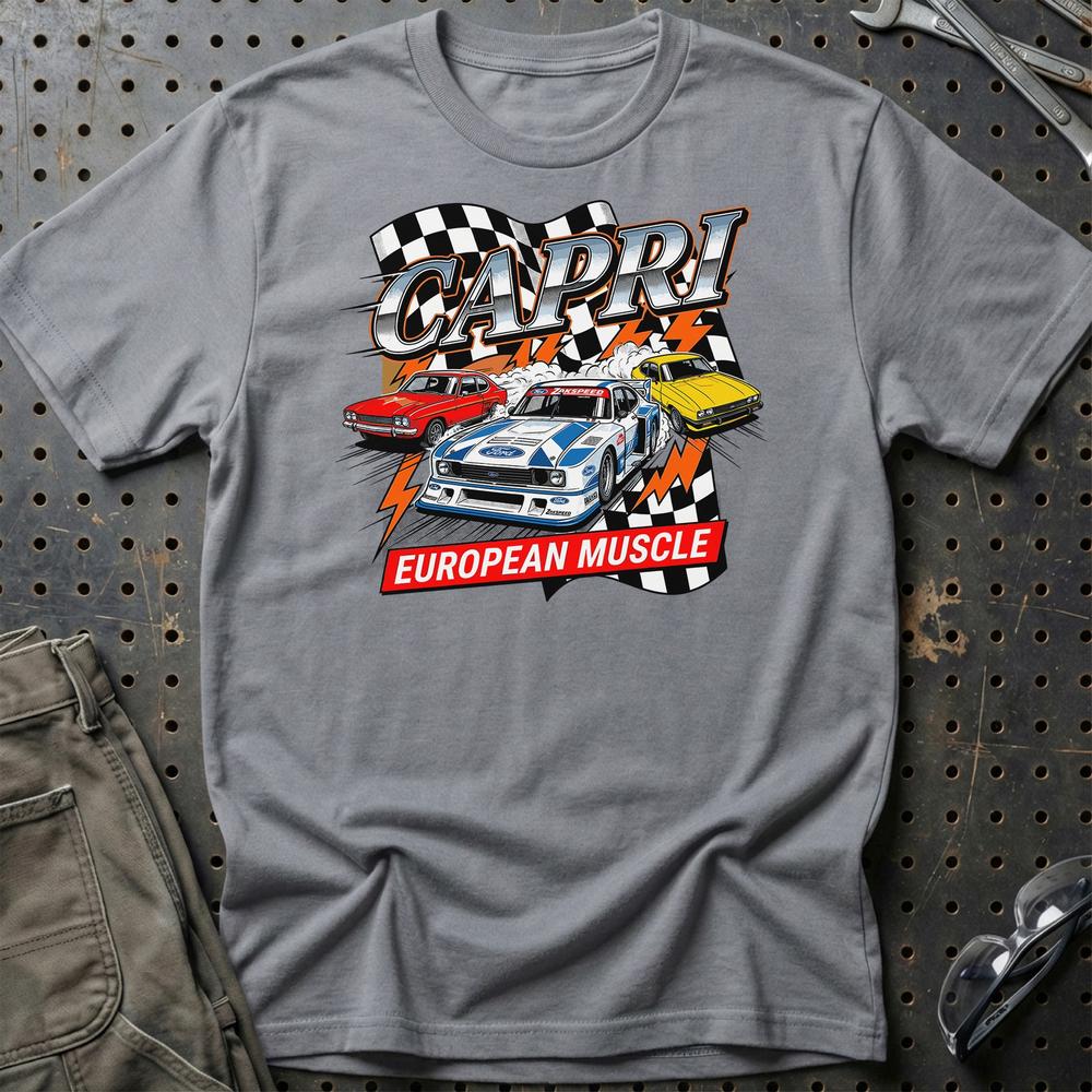 Ford Capri European Muscle Classic Car T-Shirt-Beklædning-Ford-Grå Sport-S-Garage Culture Shop- garage - man cave - merchandise