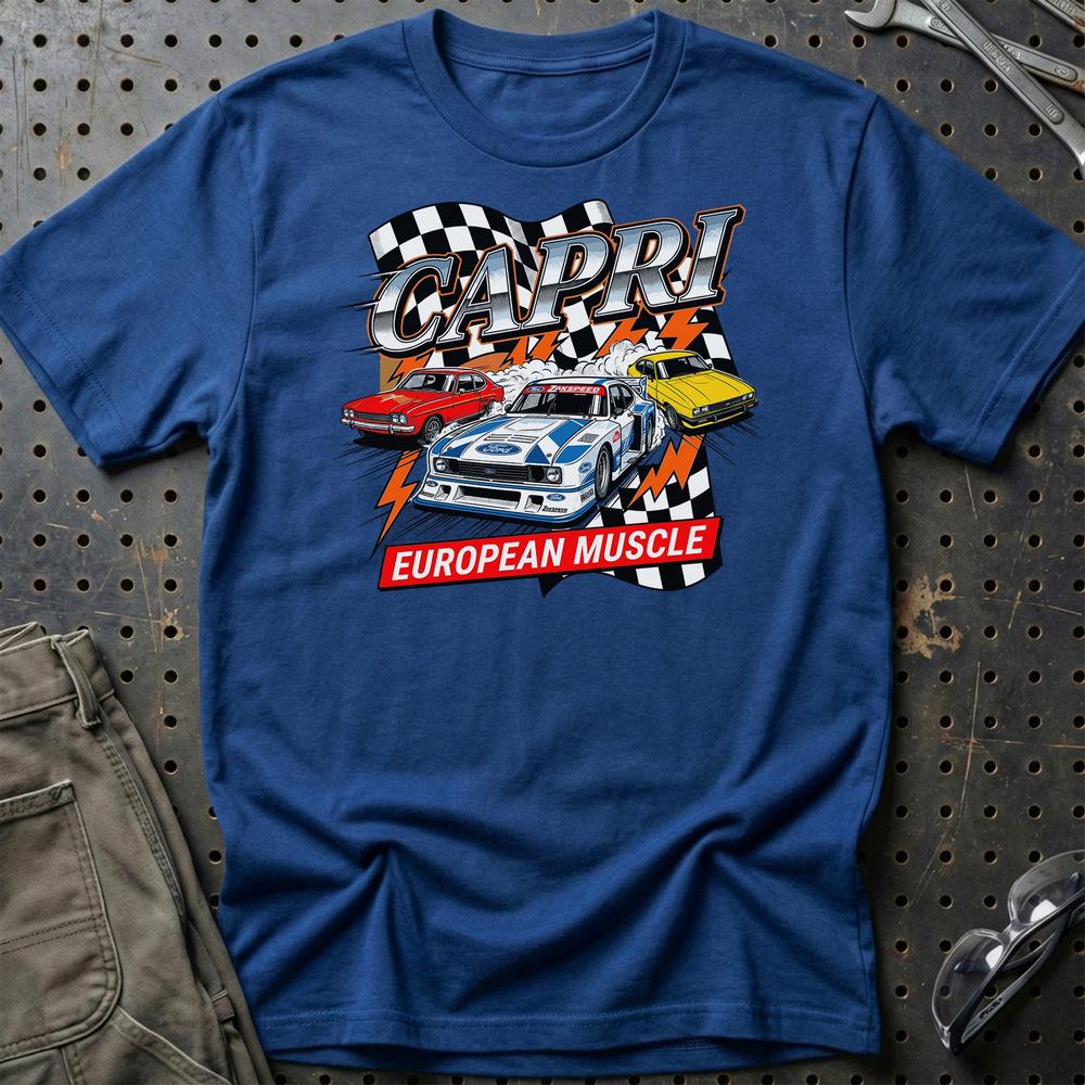 Ford Capri European Muscle Classic Car T-Shirt-Beklædning-Ford-Blå Royal-S-Garage Culture Shop- garage - man cave - merchandise