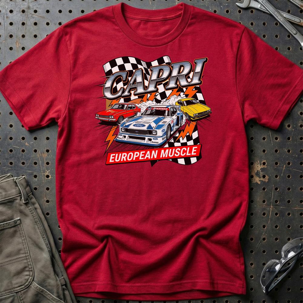 Ford Capri European Muscle Classic Car T-Shirt-Beklædning-Ford-Rød-S-Garage Culture Shop- garage - man cave - merchandise
