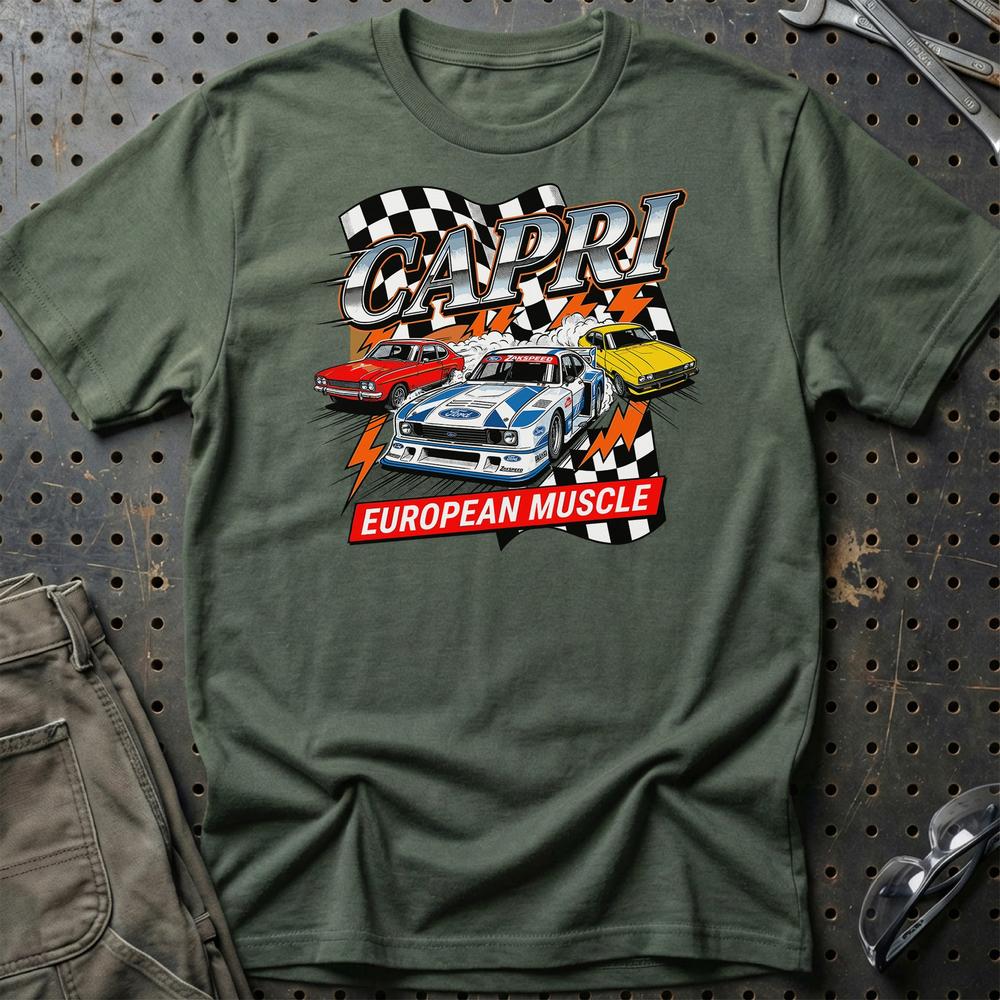 Ford Capri European Muscle Classic Car T-Shirt-Beklædning-Ford-Grøn Militær-S-Garage Culture Shop- garage - man cave - merchandise