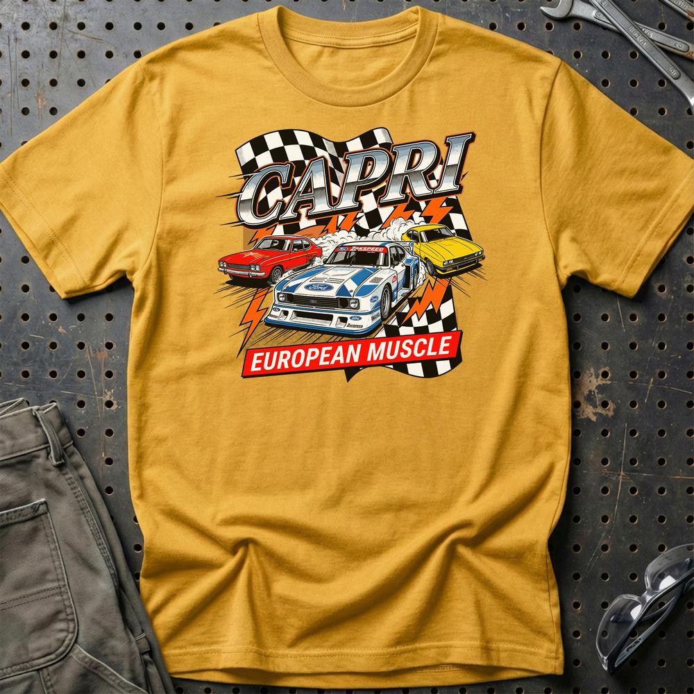 Ford Capri European Muscle Classic Car T-Shirt-Beklædning-Ford-Guld-S-Garage Culture Shop- garage - man cave - merchandise